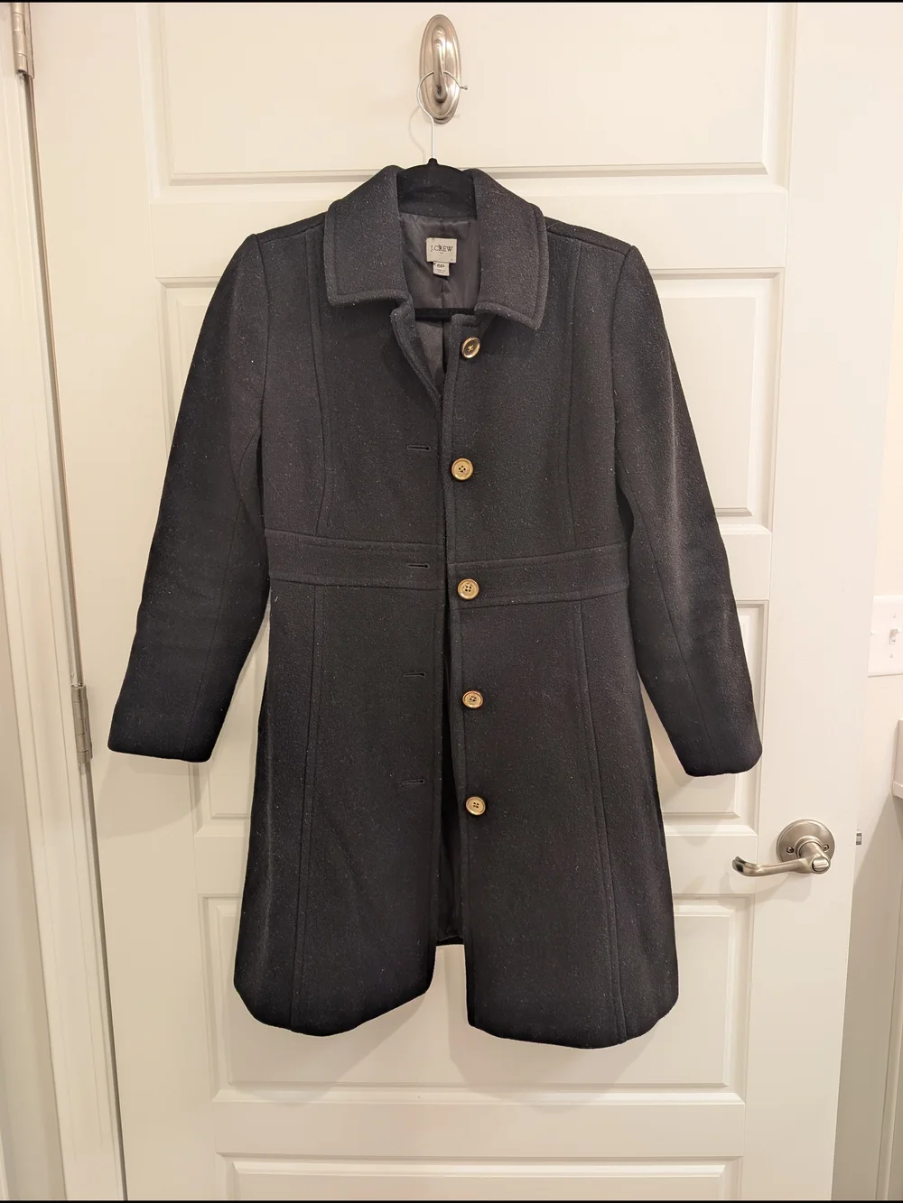 Classic J. Crew Black Wool Coat with Gold Buttons Size 6 Petite